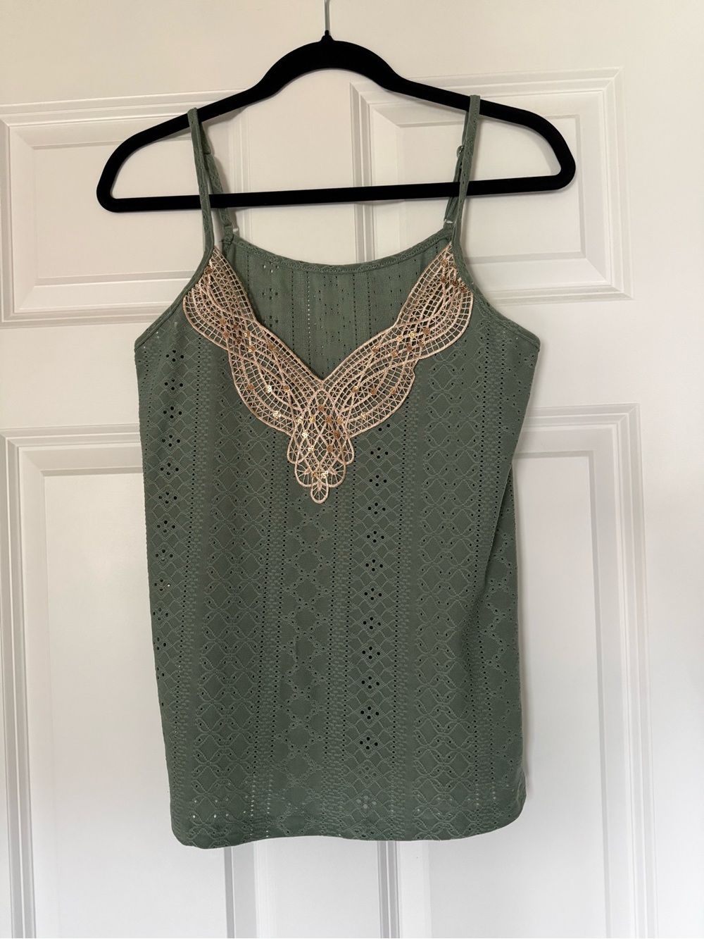 Sleeveless Light Blue Eyelet Tank with Lace Applique